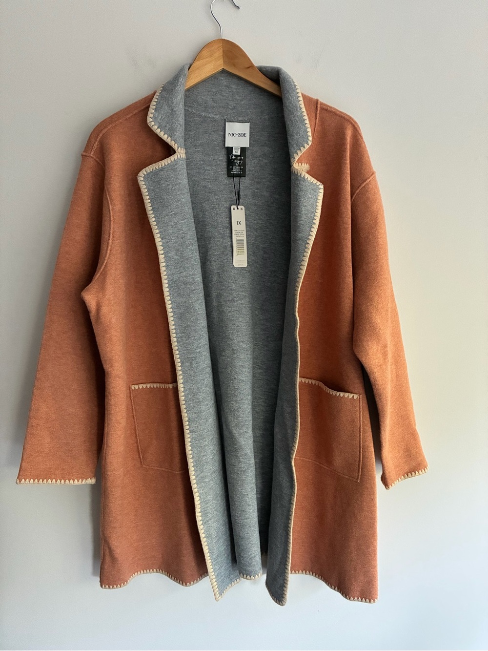 Nic+Zoe Reversible Rust & Gray Open Front Sweater Coat 1X